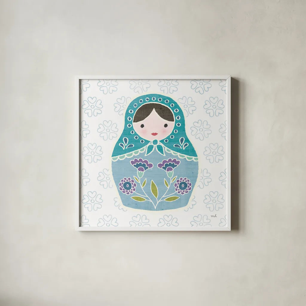 Youre a Doll I by Moira Hershey. Shown in a crisp white glass frame for a clean and minimalist style. Available as an archival giclee rolled canvas, fine art paper, or poster print. SKU 36156a.
