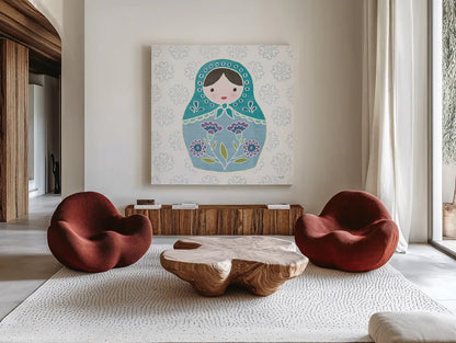 Youre a Doll I by Moira Hershey. Shown as extra-large giant wall art in a modern living room. Available as an archival giclee rolled canvas, fine art paper, or poster print. SKU 36156a.