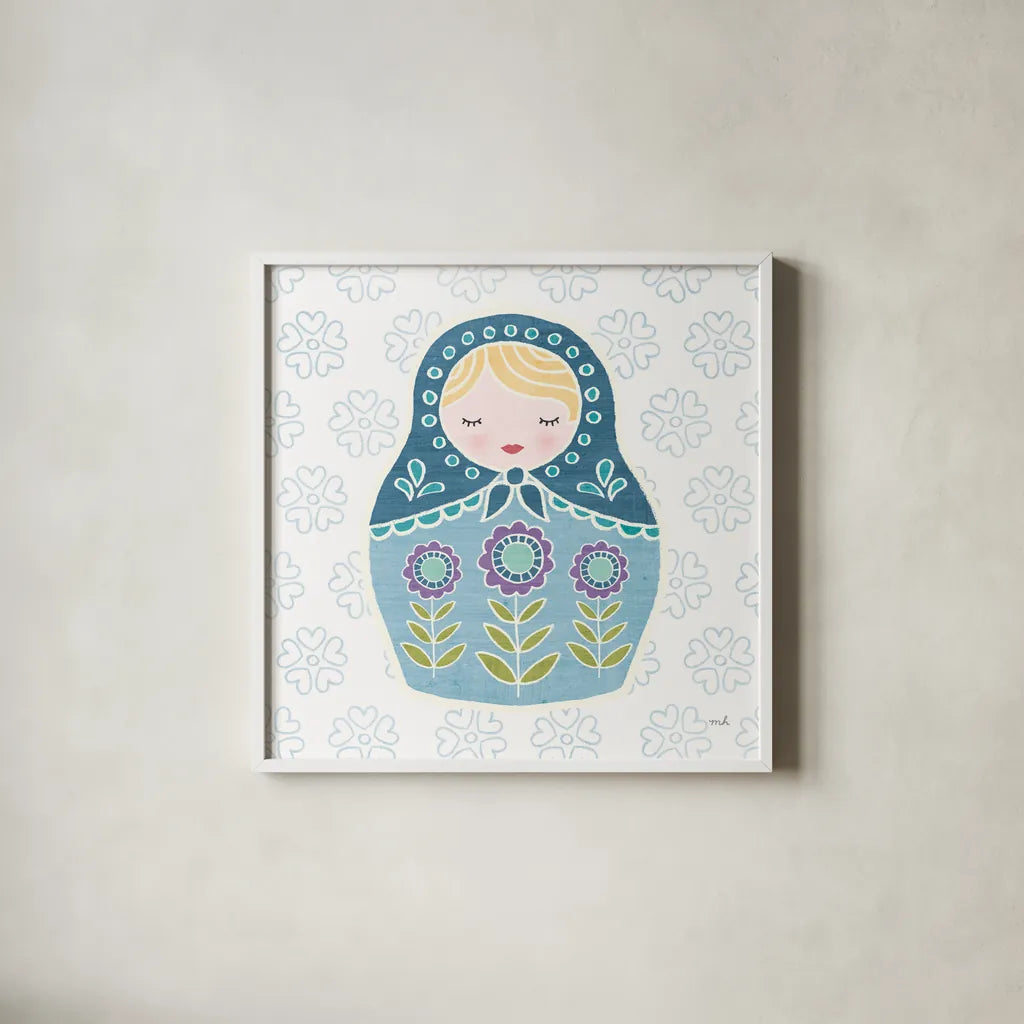 Youre a Doll II by Moira Hershey. Shown in a crisp white glass frame for a clean and minimalist style. Available as an archival giclee rolled canvas, fine art paper, or poster print. SKU 36155a.
