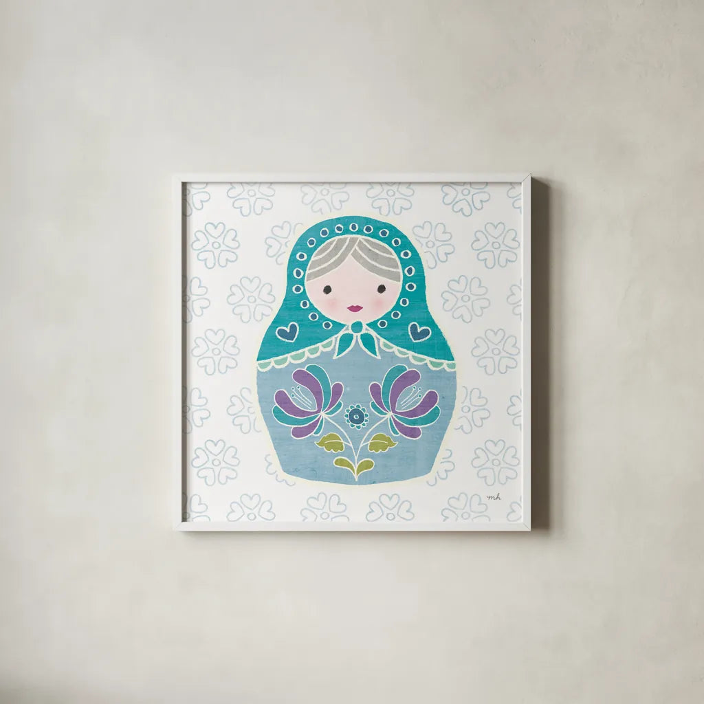 Youre a Doll IV by Moira Hershey. Shown in a crisp white glass frame for a clean and minimalist style. Available as an archival giclee rolled canvas, fine art paper, or poster print. SKU 36153a.