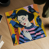 A Girl and Her Birds by Morgan Birch. Shown as a detailed flat fine art print, highlighting archival giclee quality. Available as an archival giclee rolled canvas, fine art paper, or poster print. SKU 104059a.