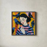 A Girl and Her Birds by Morgan Birch. Shown in a sleek black glass frame for a contemporary gallery look. Available as an archival giclee rolled canvas, fine art paper, or poster print. SKU 104059a.