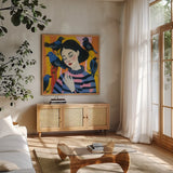 A Girl and Her Birds by Morgan Birch. Shown in a natural wood frame in a cozy modern living room. Available as an archival giclee rolled canvas, fine art paper, or poster print. SKU 104059a.