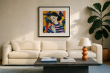 A Girl and Her Birds by Morgan Birch. Displayed in a glass frame with matte in a clean modern living room. Available as an archival giclee rolled canvas, fine art paper, or poster print. SKU 104059a.
