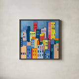 Abstract City View by Morgan Birch. Shown in a sleek black glass frame for a contemporary gallery look. Available as an archival giclee rolled canvas, fine art paper, or poster print. SKU 103146a.