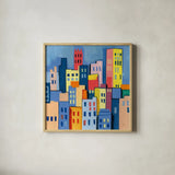 Abstract City View by Morgan Birch. Shown in a natural wood glass frame for a timeless modern aesthetic. Available as an archival giclee rolled canvas, fine art paper, or poster print. SKU 103146a.