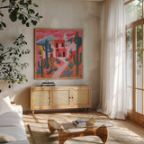 Adobe Desert by Morgan Birch. Shown in a natural wood frame in a cozy modern living room. Available as an archival giclee rolled canvas, fine art paper, or poster print. SKU 104018a.