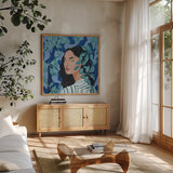 Among The Trees by Morgan Birch. Shown in a natural wood frame in a cozy modern living room. Available as an archival giclee rolled canvas, fine art paper, or poster print. SKU 104019a.