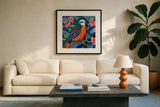 Birds of a Feather by Morgan Birch. Displayed in a glass frame with matte in a clean modern living room. Available as an archival giclee rolled canvas, fine art paper, or poster print. SKU 103337a.