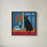 Black Cat by Morgan Birch. Shown in a sleek black glass frame for a contemporary gallery look. Available as an archival giclee rolled canvas, fine art paper, or poster print. SKU 103343a.