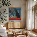 Black Cat by Morgan Birch. Shown in a natural wood frame in a cozy modern living room. Available as an archival giclee rolled canvas, fine art paper, or poster print. SKU 103343a.