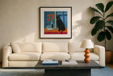 Black Cat by Morgan Birch. Displayed in a glass frame with matte in a clean modern living room. Available as an archival giclee rolled canvas, fine art paper, or poster print. SKU 103343a.