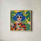 Blue Haired Girl by Morgan Birch. Shown in a natural wood glass frame for a timeless modern aesthetic. Available as an archival giclee rolled canvas, fine art paper, or poster print. SKU 103344a.