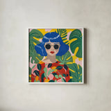 Blue Haired Girl by Morgan Birch. Shown in a crisp white glass frame for a clean and minimalist style. Available as an archival giclee rolled canvas, fine art paper, or poster print. SKU 103344a.