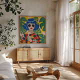 Blue Haired Girl by Morgan Birch. Shown in a natural wood frame in a cozy modern living room. Available as an archival giclee rolled canvas, fine art paper, or poster print. SKU 103344a.