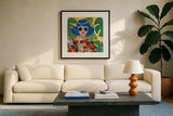 Blue Haired Girl by Morgan Birch. Displayed in a glass frame with matte in a clean modern living room. Available as an archival giclee rolled canvas, fine art paper, or poster print. SKU 103344a.
