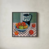 Bowl of Apples by Morgan Birch. Shown in a sleek black glass frame for a contemporary gallery look. Available as an archival giclee rolled canvas, fine art paper, or poster print. SKU 103340a.