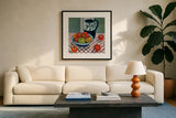 Bowl of Apples by Morgan Birch. Displayed in a glass frame with matte in a clean modern living room. Available as an archival giclee rolled canvas, fine art paper, or poster print. SKU 103340a.