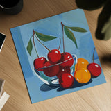 Bowl of Cherries by Morgan Birch. Shown as a detailed flat fine art print, highlighting archival giclee quality. Available as an archival giclee rolled canvas, fine art paper, or poster print. SKU 103543a.