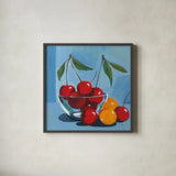 Bowl of Cherries by Morgan Birch. Shown in a sleek black glass frame for a contemporary gallery look. Available as an archival giclee rolled canvas, fine art paper, or poster print. SKU 103543a.