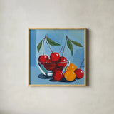 Bowl of Cherries by Morgan Birch. Shown in a natural wood glass frame for a timeless modern aesthetic. Available as an archival giclee rolled canvas, fine art paper, or poster print. SKU 103543a.