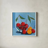 Bowl of Cherries by Morgan Birch. Shown in a crisp white glass frame for a clean and minimalist style. Available as an archival giclee rolled canvas, fine art paper, or poster print. SKU 103543a.