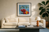 Bowl of Cherries by Morgan Birch. Displayed in a glass frame with matte in a clean modern living room. Available as an archival giclee rolled canvas, fine art paper, or poster print. SKU 103543a.