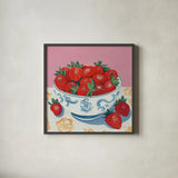 Bowl of Summer Fruit I by Morgan Birch. Shown in a sleek black glass frame for a contemporary gallery look. Available as an archival giclee rolled canvas, fine art paper, or poster print. SKU 104061a.