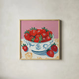Bowl of Summer Fruit I by Morgan Birch. Shown in a natural wood glass frame for a timeless modern aesthetic. Available as an archival giclee rolled canvas, fine art paper, or poster print. SKU 104061a.
