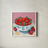 Bowl of Summer Fruit I by Morgan Birch. Shown in a crisp white glass frame for a clean and minimalist style. Available as an archival giclee rolled canvas, fine art paper, or poster print. SKU 104061a.