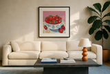 Bowl of Summer Fruit I by Morgan Birch. Displayed in a glass frame with matte in a clean modern living room. Available as an archival giclee rolled canvas, fine art paper, or poster print. SKU 104061a.