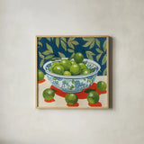 Bowl of Summer Fruit II by Morgan Birch. Shown in a natural wood glass frame for a timeless modern aesthetic. Available as an archival giclee rolled canvas, fine art paper, or poster print. SKU 104062a.