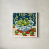 Bowl of Summer Fruit II by Morgan Birch. Shown in a crisp white glass frame for a clean and minimalist style. Available as an archival giclee rolled canvas, fine art paper, or poster print. SKU 104062a.