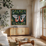 Butterfly by Morgan Birch. Shown in a natural wood frame in a cozy modern living room. Available as an archival giclee rolled canvas, fine art paper, or poster print. SKU 104013a.