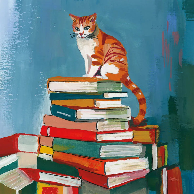 Cat on Book Stack by Morgan Birch. SKU 103140a. Archival Giclee Fine art print for wall decor.