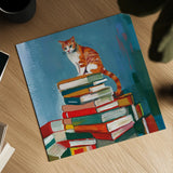 Cat on Book Stack by Morgan Birch. Shown as a detailed flat fine art print, highlighting archival giclee quality. Available as an archival giclee rolled canvas, fine art paper, or poster print. SKU 103140a.