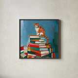 Cat on Book Stack by Morgan Birch. Shown in a sleek black glass frame for a contemporary gallery look. Available as an archival giclee rolled canvas, fine art paper, or poster print. SKU 103140a.