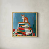 Cat on Book Stack by Morgan Birch. Shown in a natural wood glass frame for a timeless modern aesthetic. Available as an archival giclee rolled canvas, fine art paper, or poster print. SKU 103140a.