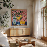 Citris Martini by Morgan Birch. Shown in a natural wood frame in a cozy modern living room. Available as an archival giclee rolled canvas, fine art paper, or poster print. SKU 104017a.