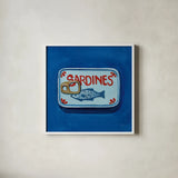 Classic Sardine Tin by Morgan Birch. Shown in a crisp white glass frame for a clean and minimalist style. Available as an archival giclee rolled canvas, fine art paper, or poster print. SKU 103138a.