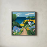 Coastal Fields by Morgan Birch. Shown in a sleek black glass frame for a contemporary gallery look. Available as an archival giclee rolled canvas, fine art paper, or poster print. SKU 104014a.