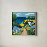 Coastal Fields by Morgan Birch. Shown in a crisp white glass frame for a clean and minimalist style. Available as an archival giclee rolled canvas, fine art paper, or poster print. SKU 104014a.