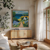 Coastal Fields by Morgan Birch. Shown in a natural wood frame in a cozy modern living room. Available as an archival giclee rolled canvas, fine art paper, or poster print. SKU 104014a.