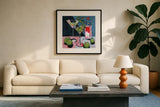 Cocktail Two Ways by Morgan Birch. Displayed in a glass frame with matte in a clean modern living room. Available as an archival giclee rolled canvas, fine art paper, or poster print. SKU 103135a.