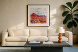 Desert in Bloom by Morgan Birch. Displayed in a glass frame with matte in a clean modern living room. Available as an archival giclee rolled canvas, fine art paper, or poster print. SKU 103144a.
