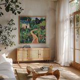 English Cottage by Morgan Birch. Shown in a natural wood frame in a cozy modern living room. Available as an archival giclee rolled canvas, fine art paper, or poster print. SKU 104057a.
