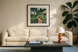 English Cottage by Morgan Birch. Displayed in a glass frame with matte in a clean modern living room. Available as an archival giclee rolled canvas, fine art paper, or poster print. SKU 104057a.