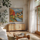 Fall Colors by Morgan Birch. Shown in a natural wood frame in a cozy modern living room. Available as an archival giclee rolled canvas, fine art paper, or poster print. SKU 104016a.