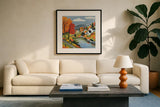 Fall Colors by Morgan Birch. Displayed in a glass frame with matte in a clean modern living room. Available as an archival giclee rolled canvas, fine art paper, or poster print. SKU 104016a.