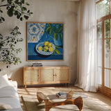 Feeling Blue by Morgan Birch. Shown in a natural wood frame in a cozy modern living room. Available as an archival giclee rolled canvas, fine art paper, or poster print. SKU 103335a.
